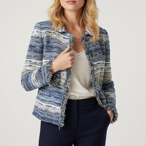 St. John Collection Blue Bouclé Tweed Knit Fringe Trim Lady Jacket, Size 4
